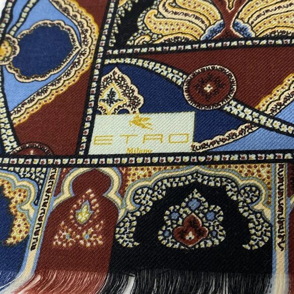 Auth ETRO - Dark Navy Dark Brown Multi Wool Silk Scarf - Picture 3 of 5